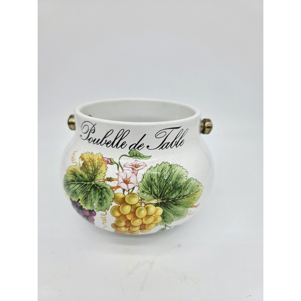 Vintage Ceramic Fruit Decorated Handle Pot Grapes‎ White Brass Decor